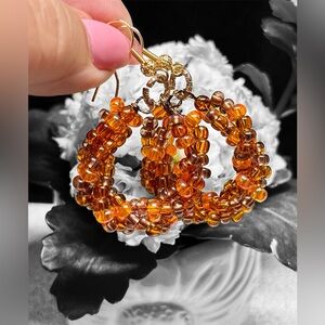 Elegant Gold and orange and Brown Beaded Hoop Earrings